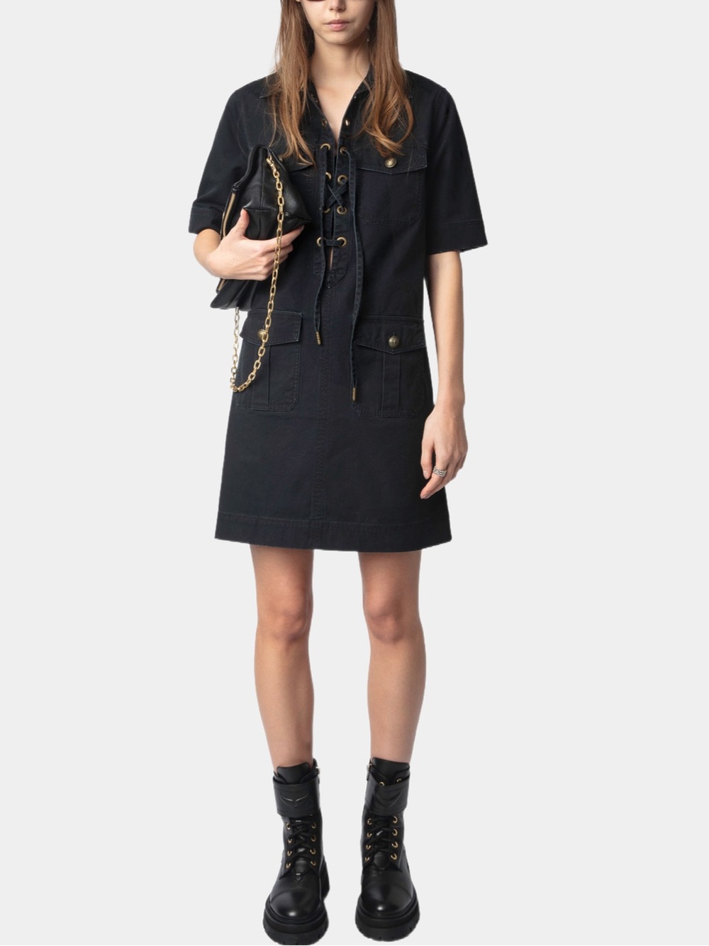 Zadig & Voltaire Black Lace-Up Utility Dress NWT